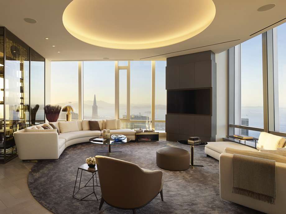 Grand Penthouse Living Room with City and Bay Views