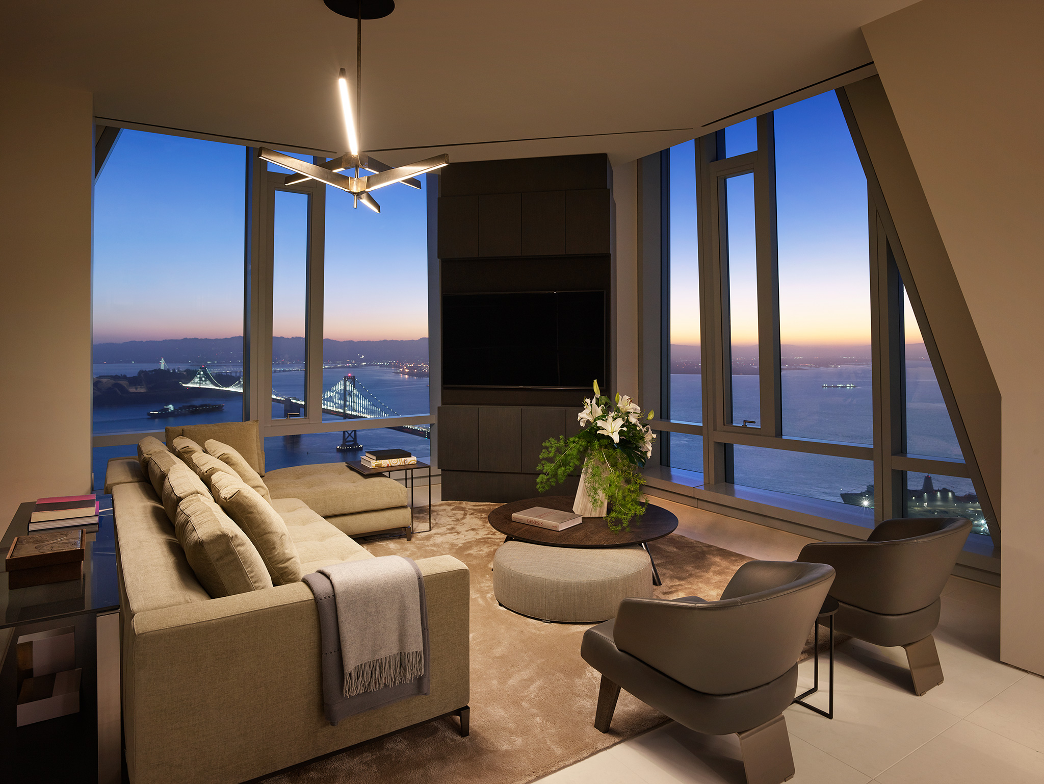 Grand Penthouse Family Room at dusk